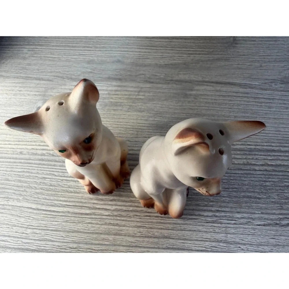 Vtg Salt & Pepper Shakers Siamese Cat Green Rhinestone Eyes W/Stoppers Japan
